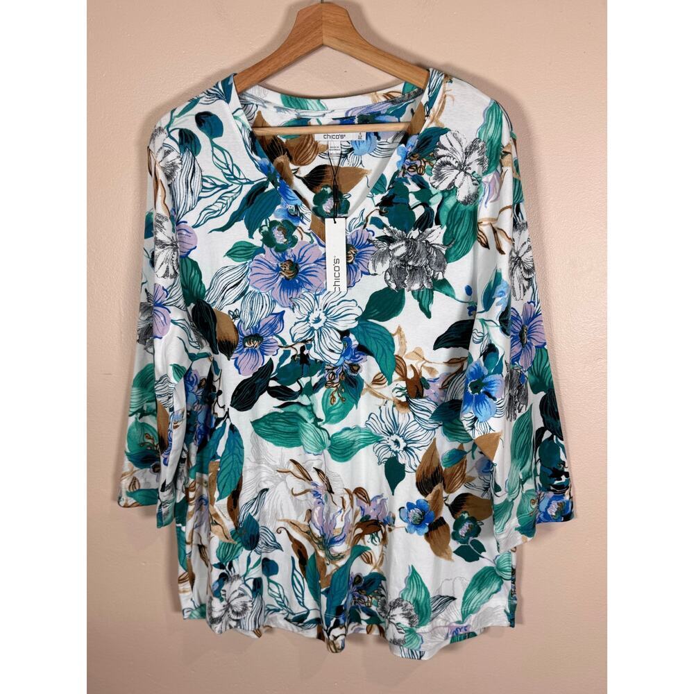 NWT Chicos Womens Plus Size Top Pima Cotton Floral 3/4 Sleeve Size 4/XXL coastal
